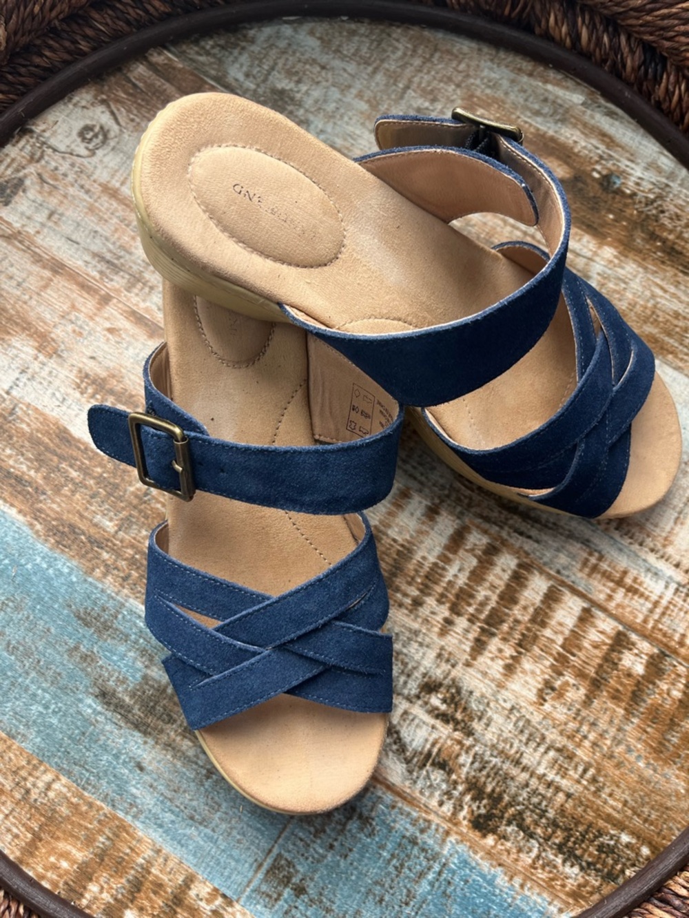Lands' End Navy Suede Crisscross Buckle Sandals